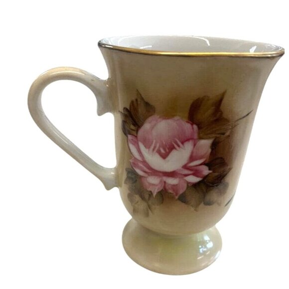 Hand-Painted Floral Ceramic Mug With Gold Rim Rio Verde Brasil Pink & White Rose - Picture 4 of 8